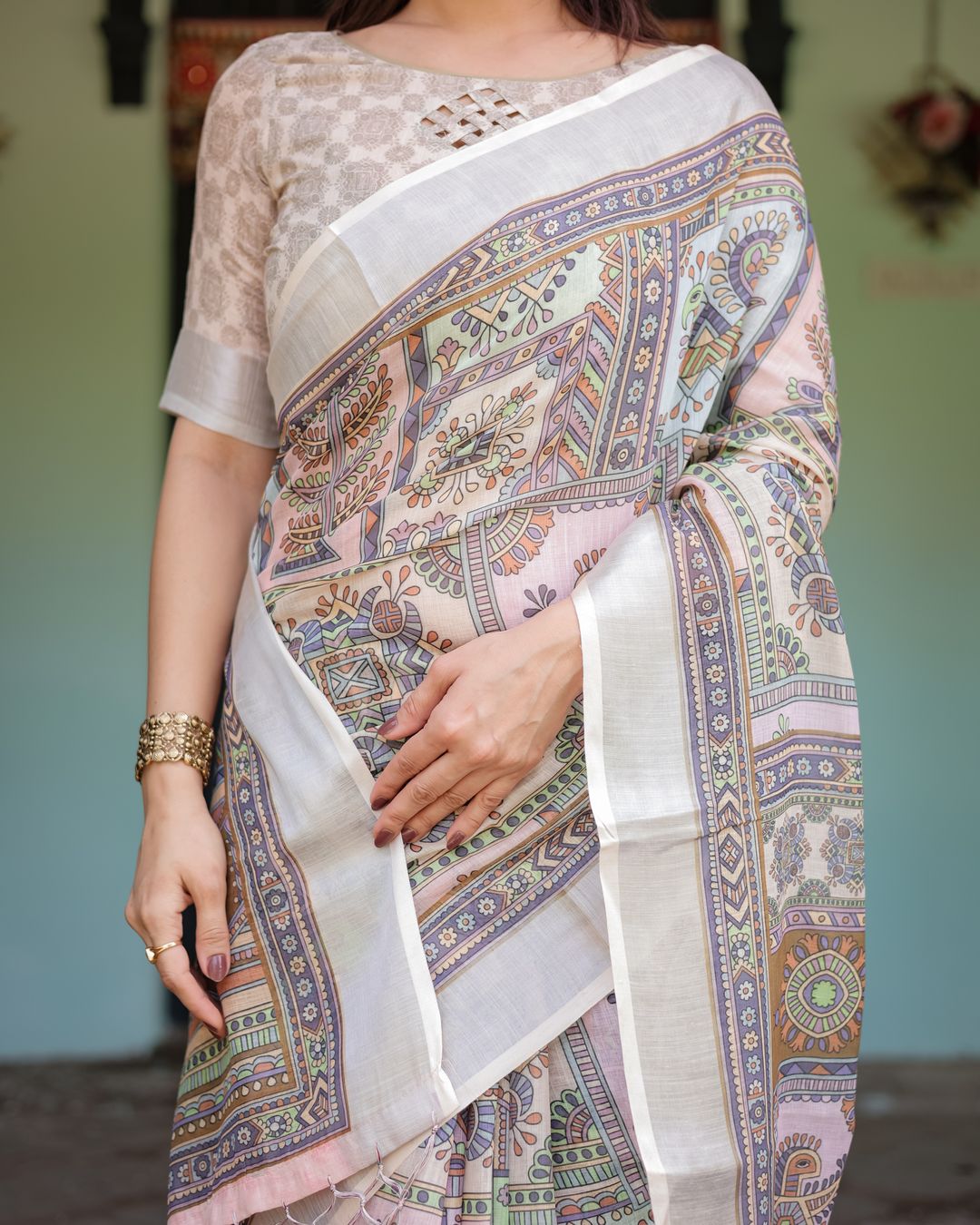 Ivory Linen Cotton Saree with Multicolor Heritage Print