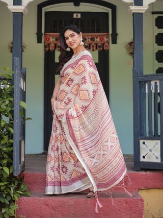 Ivory Linen Cotton Saree with Maroon Tribal Print
