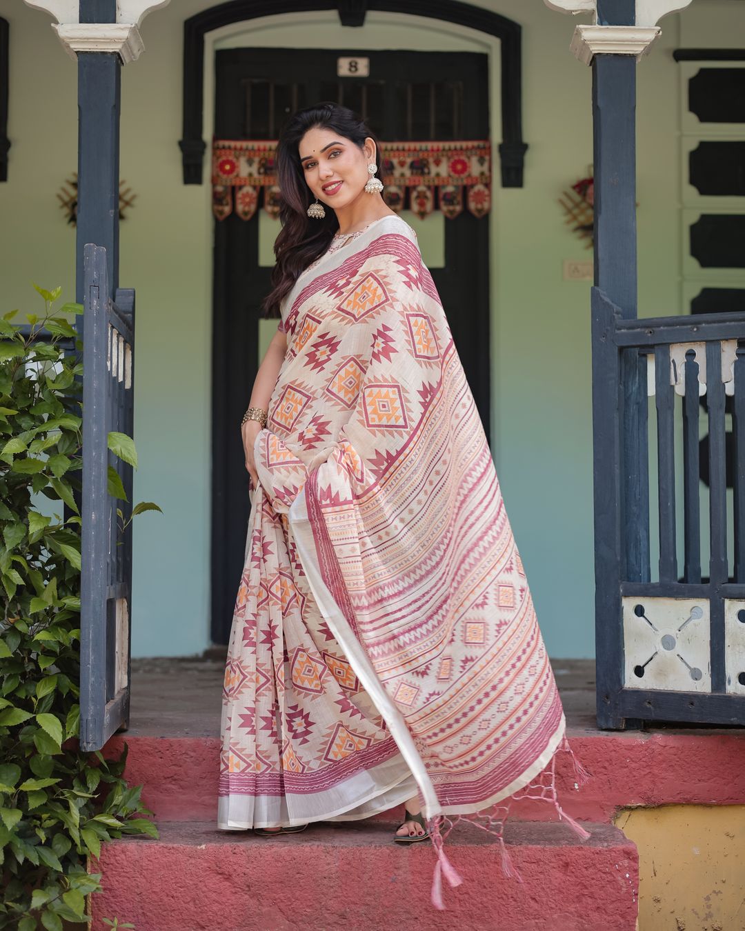 Ivory Linen Cotton Saree with Maroon Tribal Print