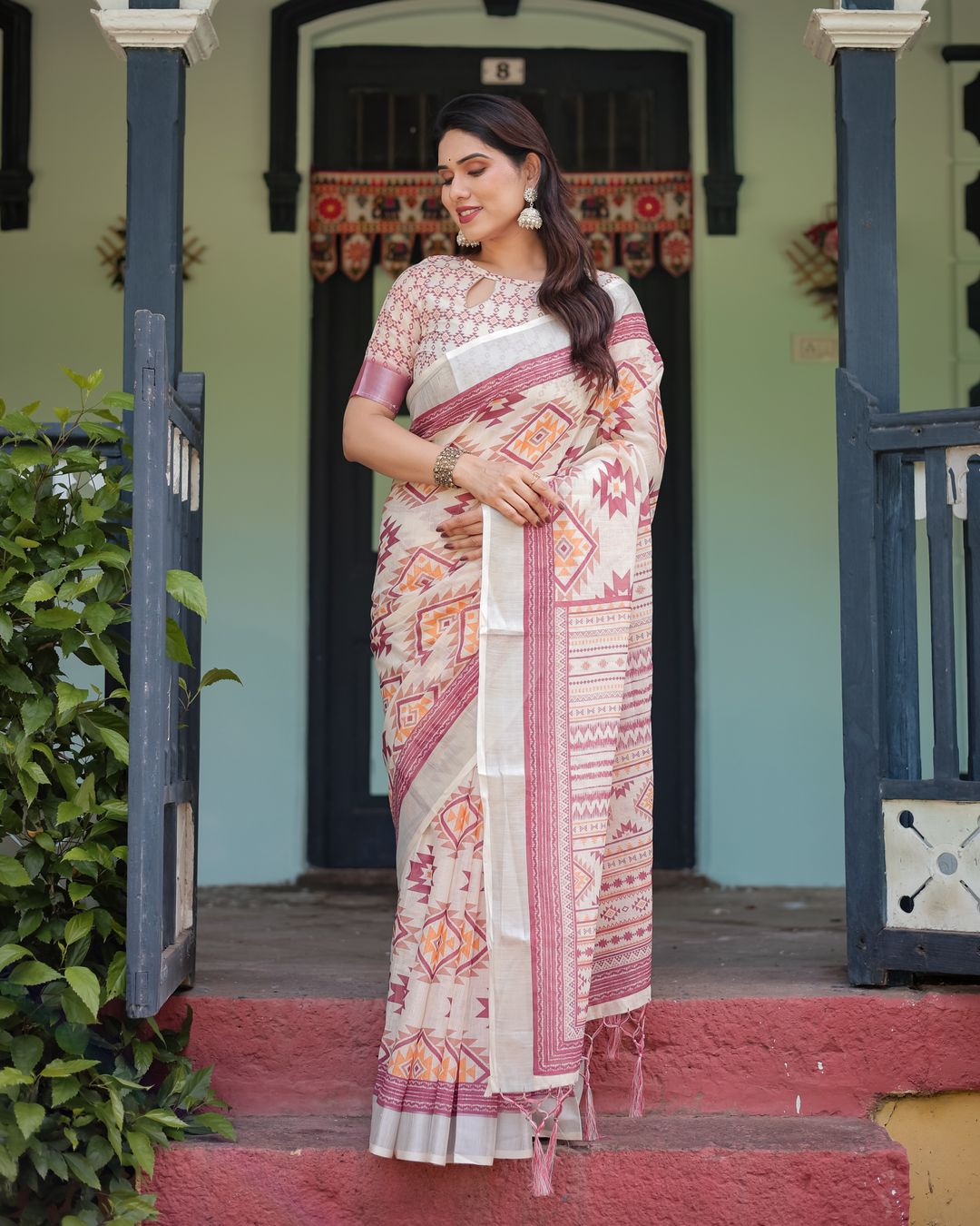 Ivory Linen Cotton Saree with Maroon Tribal Print