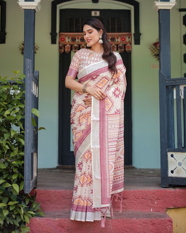 Ivory Linen Cotton Saree with Maroon Tribal Print