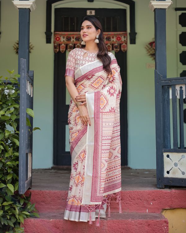 Ivory Linen Cotton Saree with Maroon Tribal Print