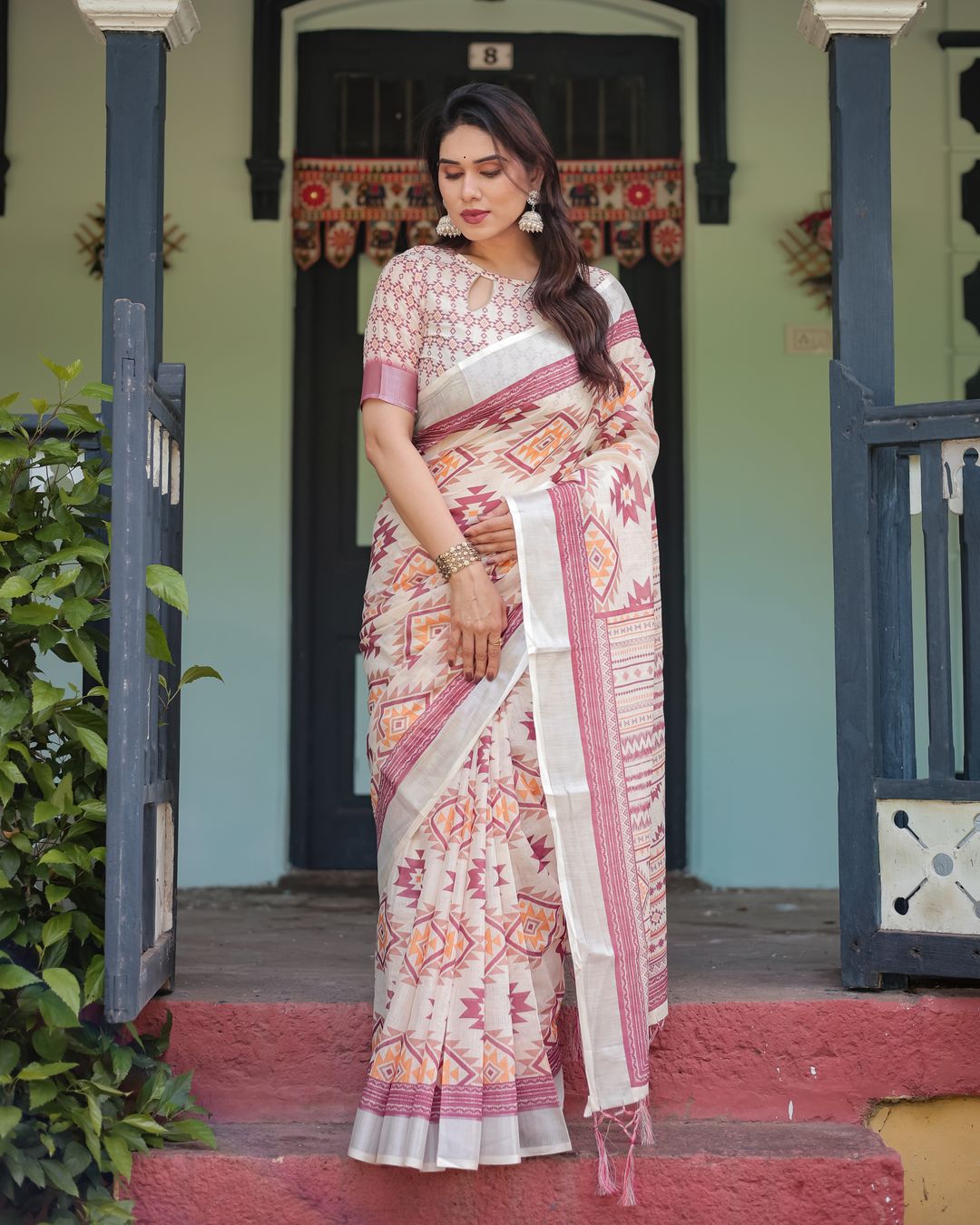 Ivory Linen Cotton Saree with Maroon Tribal Print