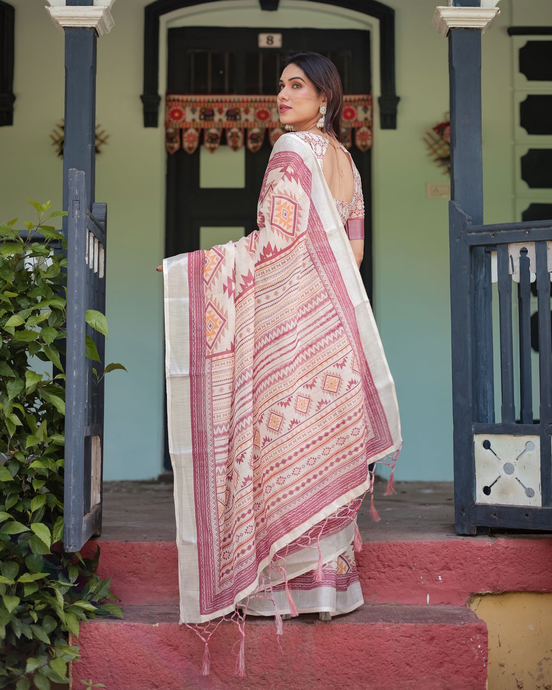 Ivory Linen Cotton Saree with Maroon Tribal Print