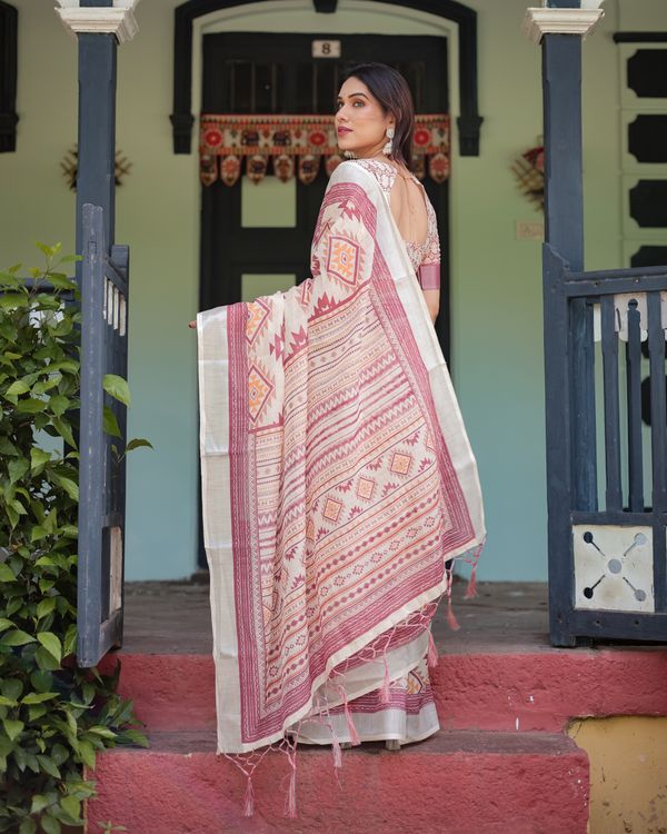 Ivory Linen Cotton Saree with Maroon Tribal Print