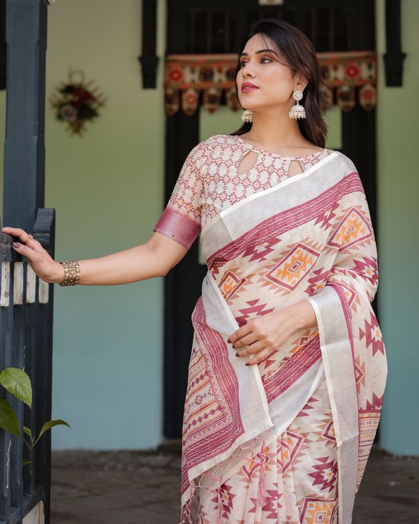 Ivory Linen Cotton Saree with Maroon Tribal Print