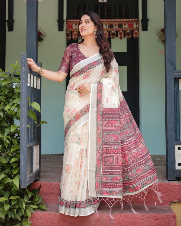 Ivory Linen Cotton Saree with Maroon Geometric Motifs