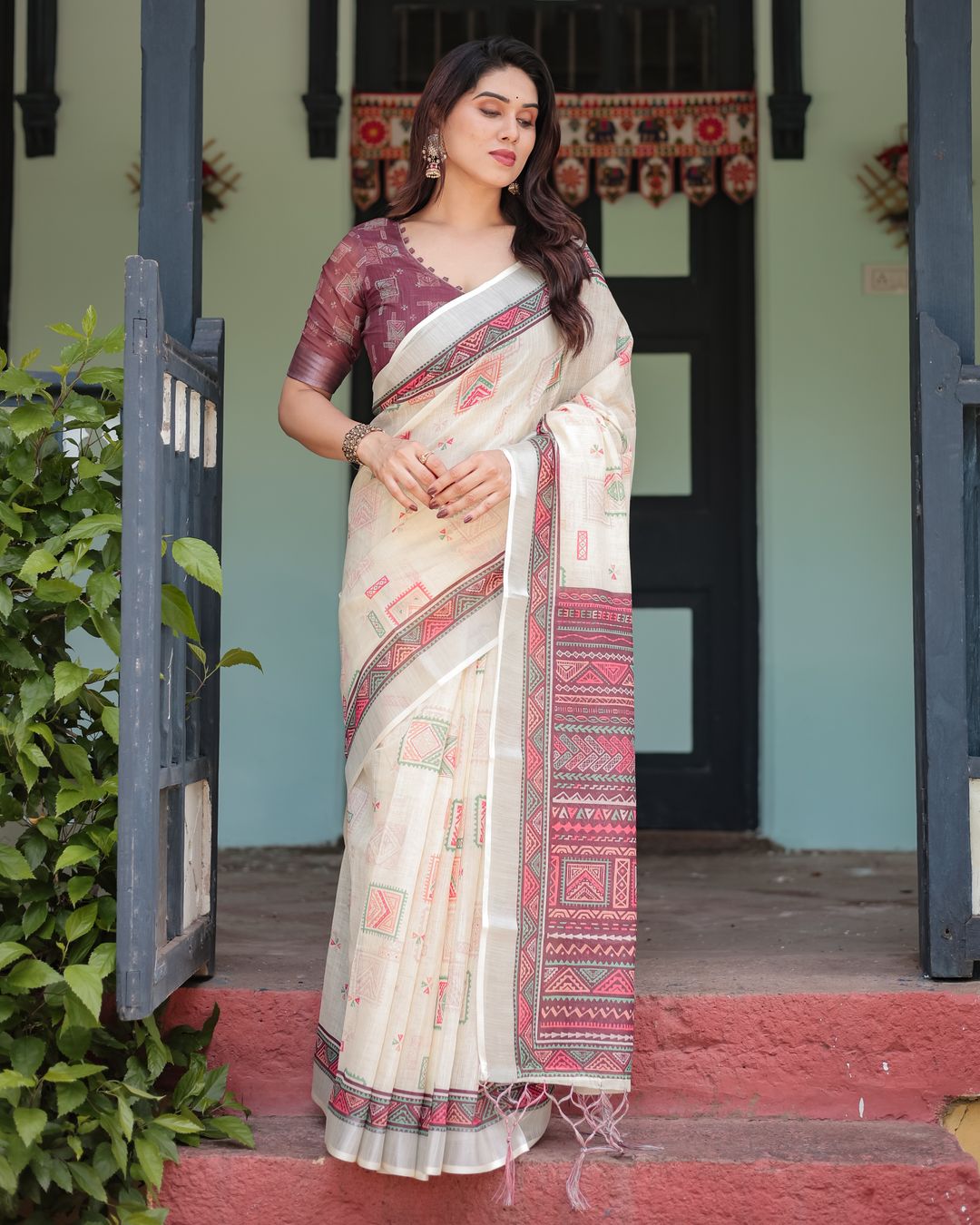 Ivory Linen Cotton Saree with Maroon Geometric Motifs