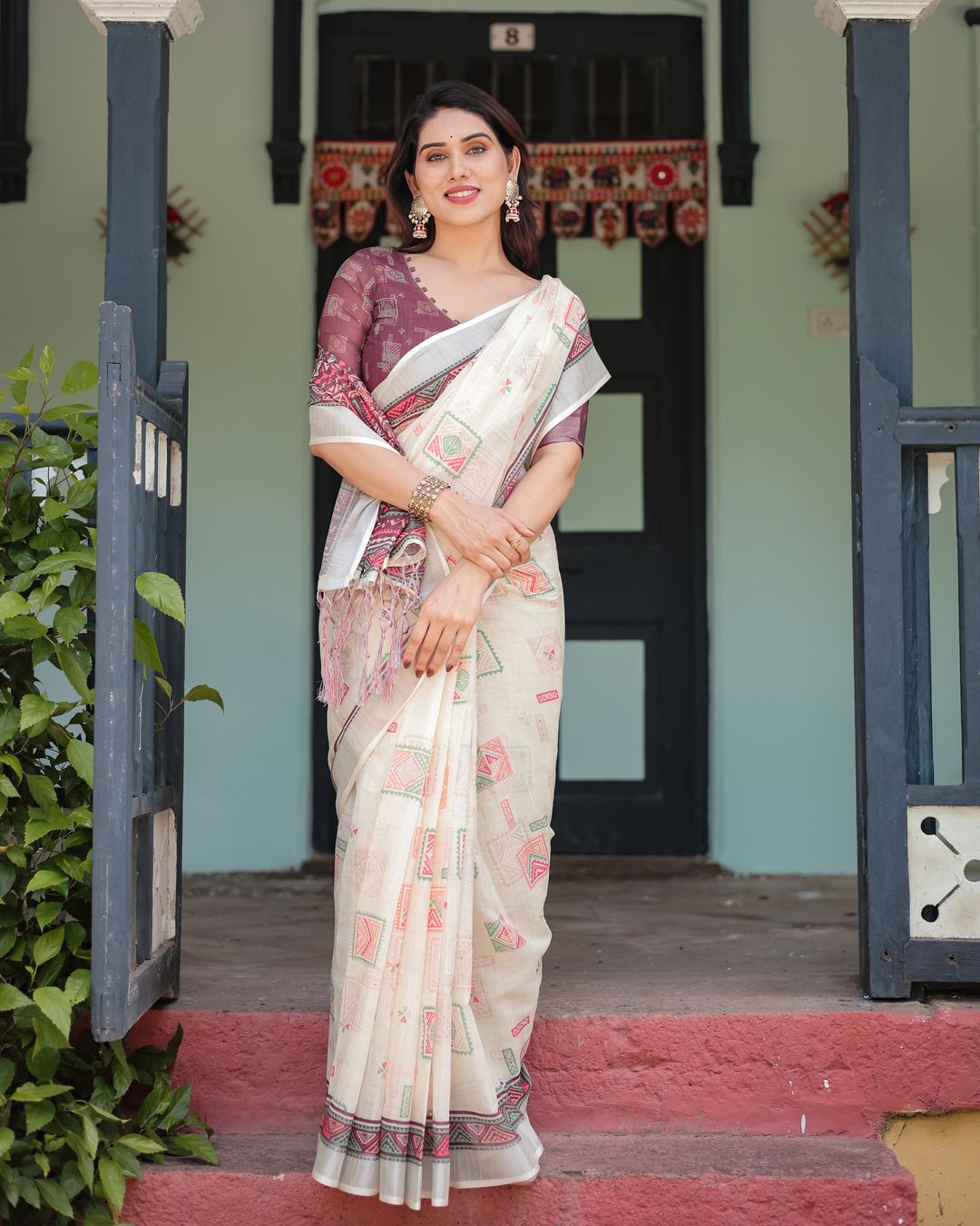 Ivory Linen Cotton Saree with Maroon Geometric Motifs