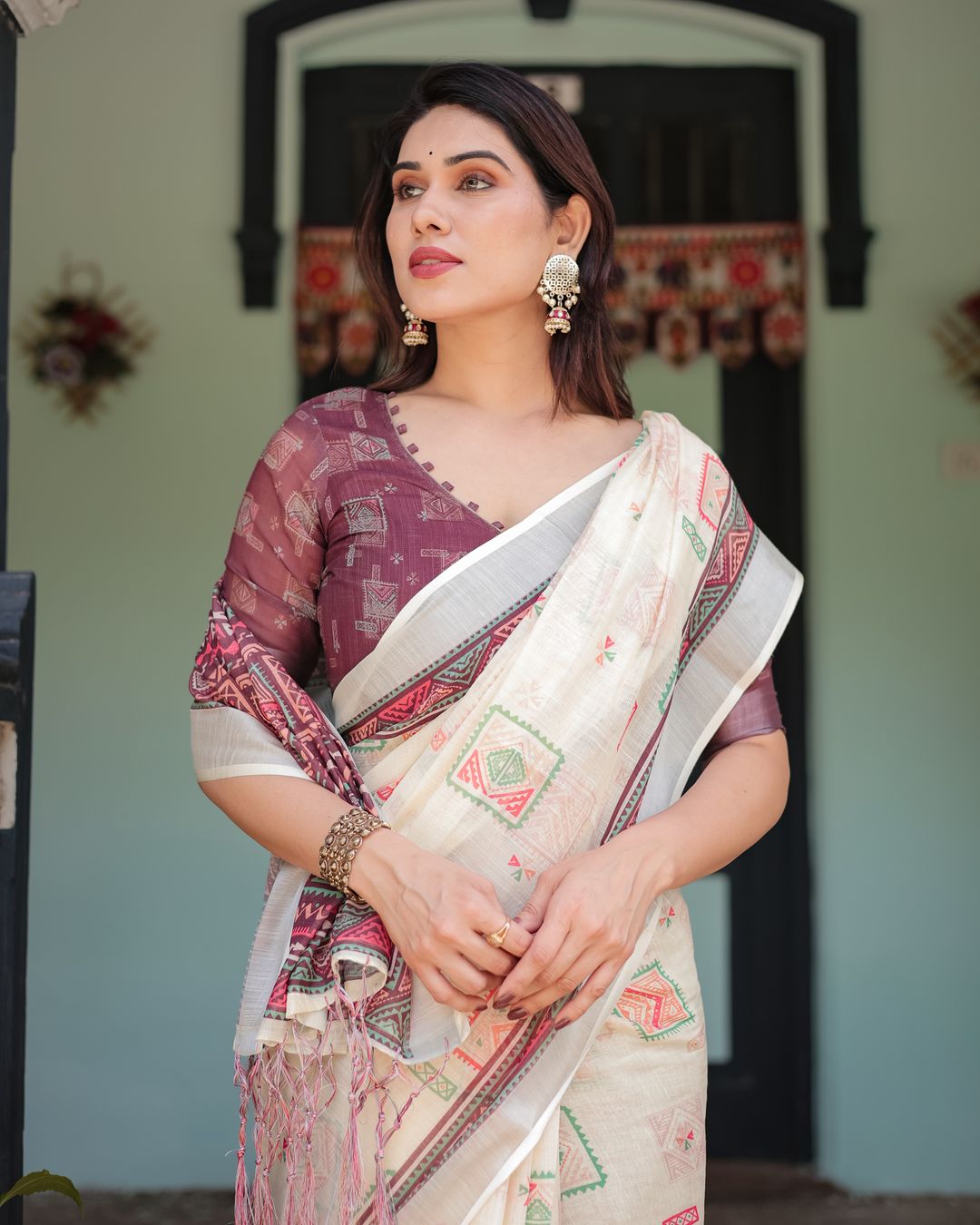 Ivory Linen Cotton Saree with Maroon Geometric Motifs