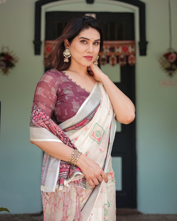 Ivory Linen Cotton Saree with Maroon Geometric Motifs