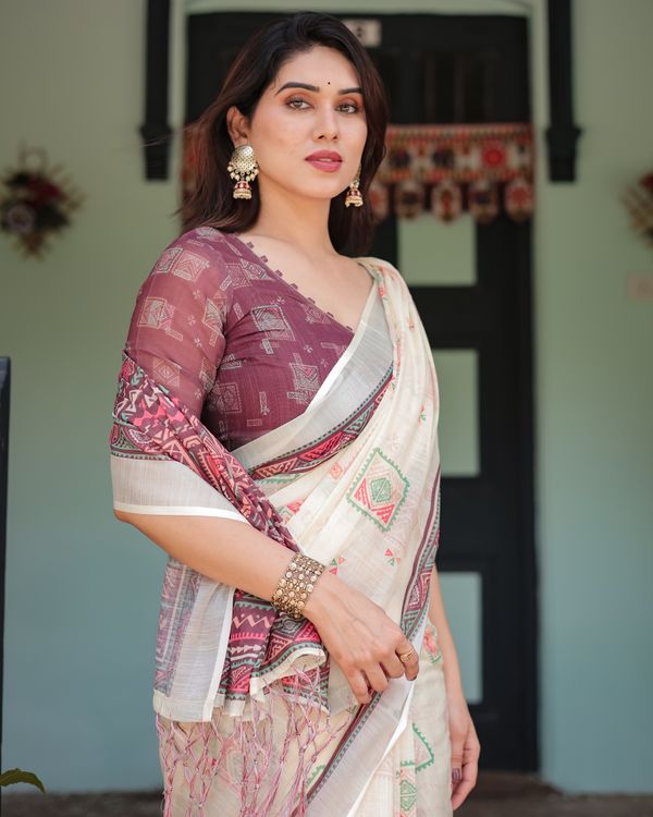 Ivory Linen Cotton Saree with Maroon Geometric Motifs