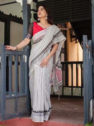 Ivory Linen Cotton Saree with Black Pink Tribal Pattern
