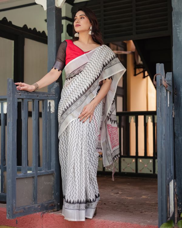 Ivory Linen Cotton Saree with Black Pink Tribal Pattern