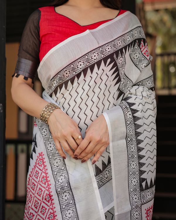 Ivory Linen Cotton Saree with Black Pink Tribal Pattern