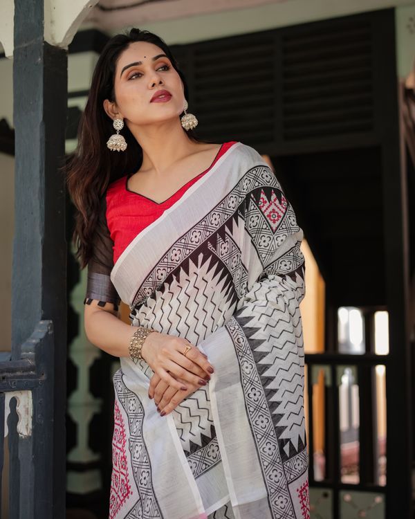Ivory Linen Cotton Saree with Black Pink Tribal Pattern