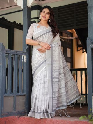Ivory Linen Cotton Saree with Grey Folk Pattern Artwork