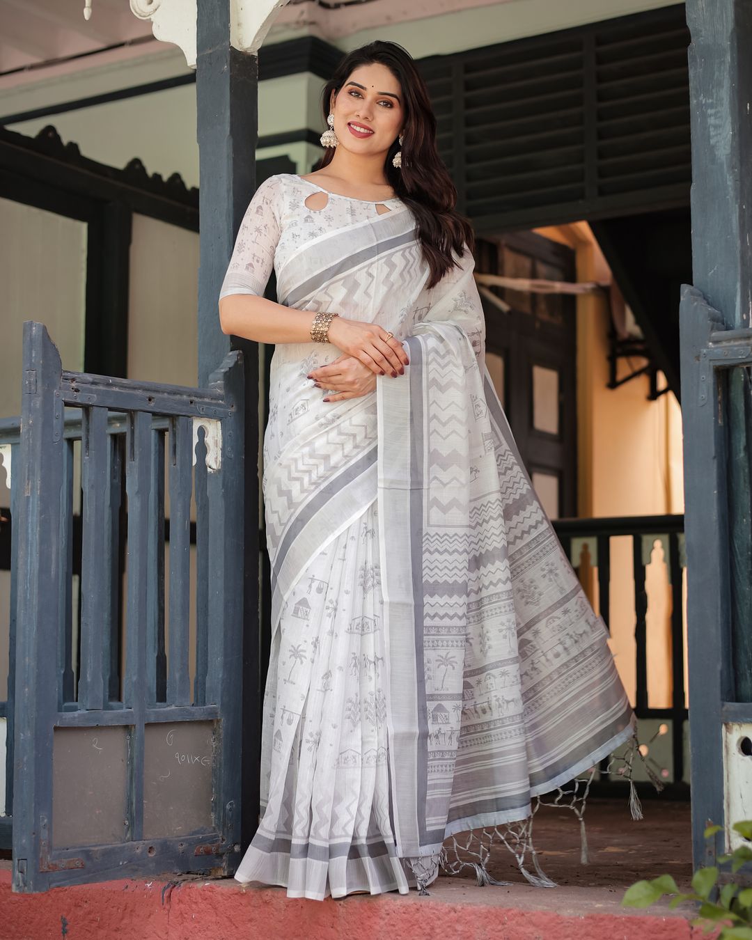 Ivory Linen Cotton Saree with Grey Folk Pattern Artwork