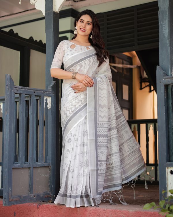 Ivory Linen Cotton Saree with Grey Folk Pattern Artwork