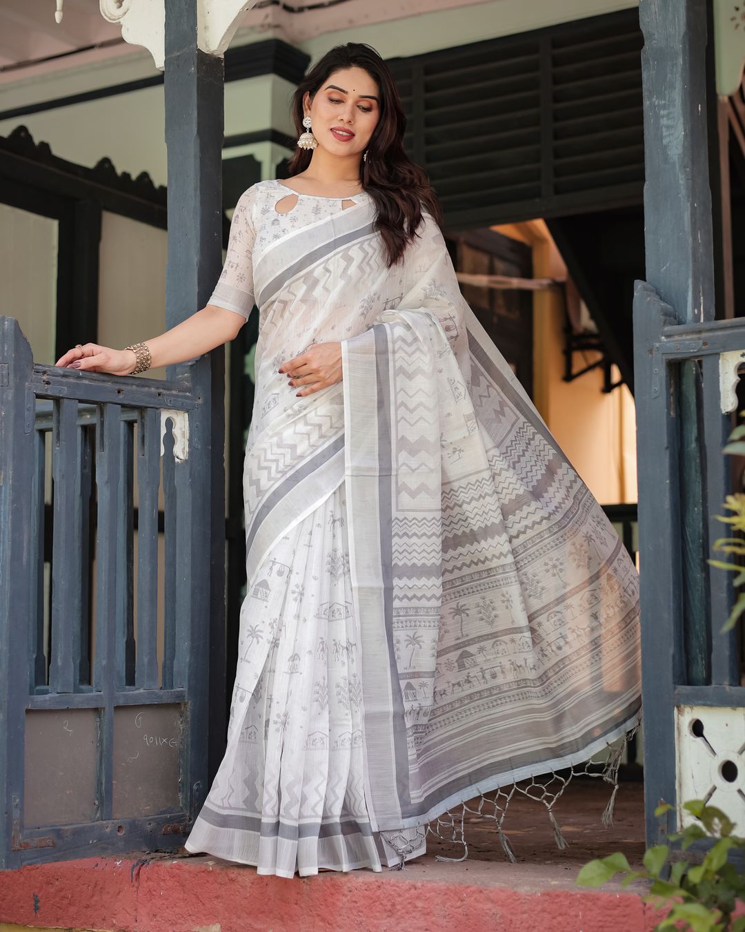 Ivory Linen Cotton Saree with Grey Folk Pattern Artwork