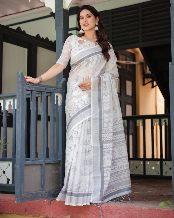 Ivory Linen Cotton Saree with Grey Folk Pattern Artwork