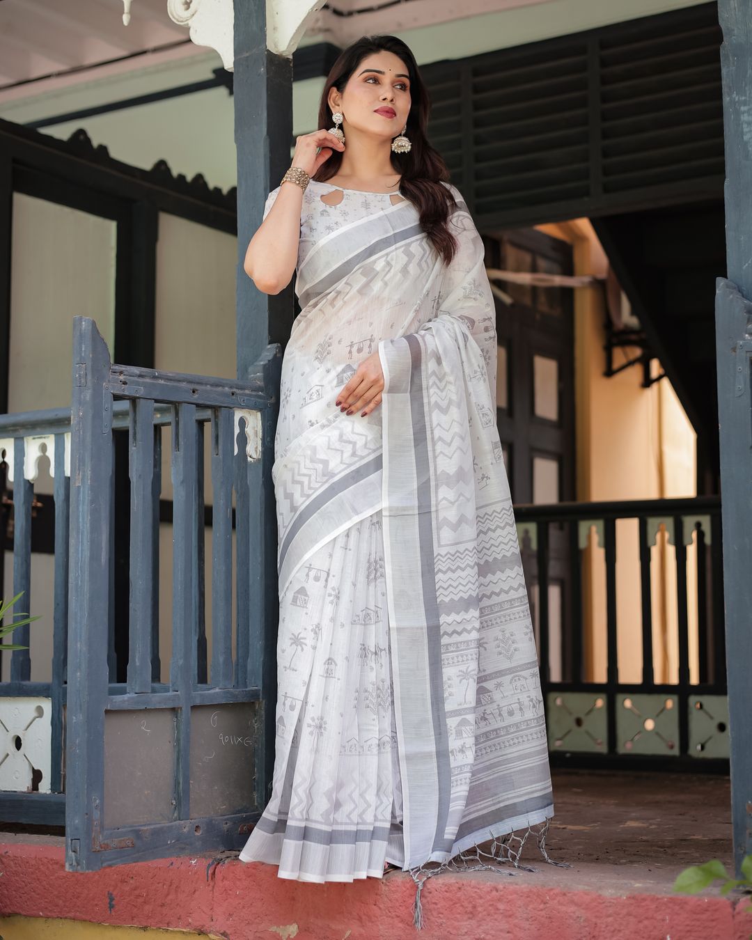 Ivory Linen Cotton Saree with Grey Folk Pattern Artwork