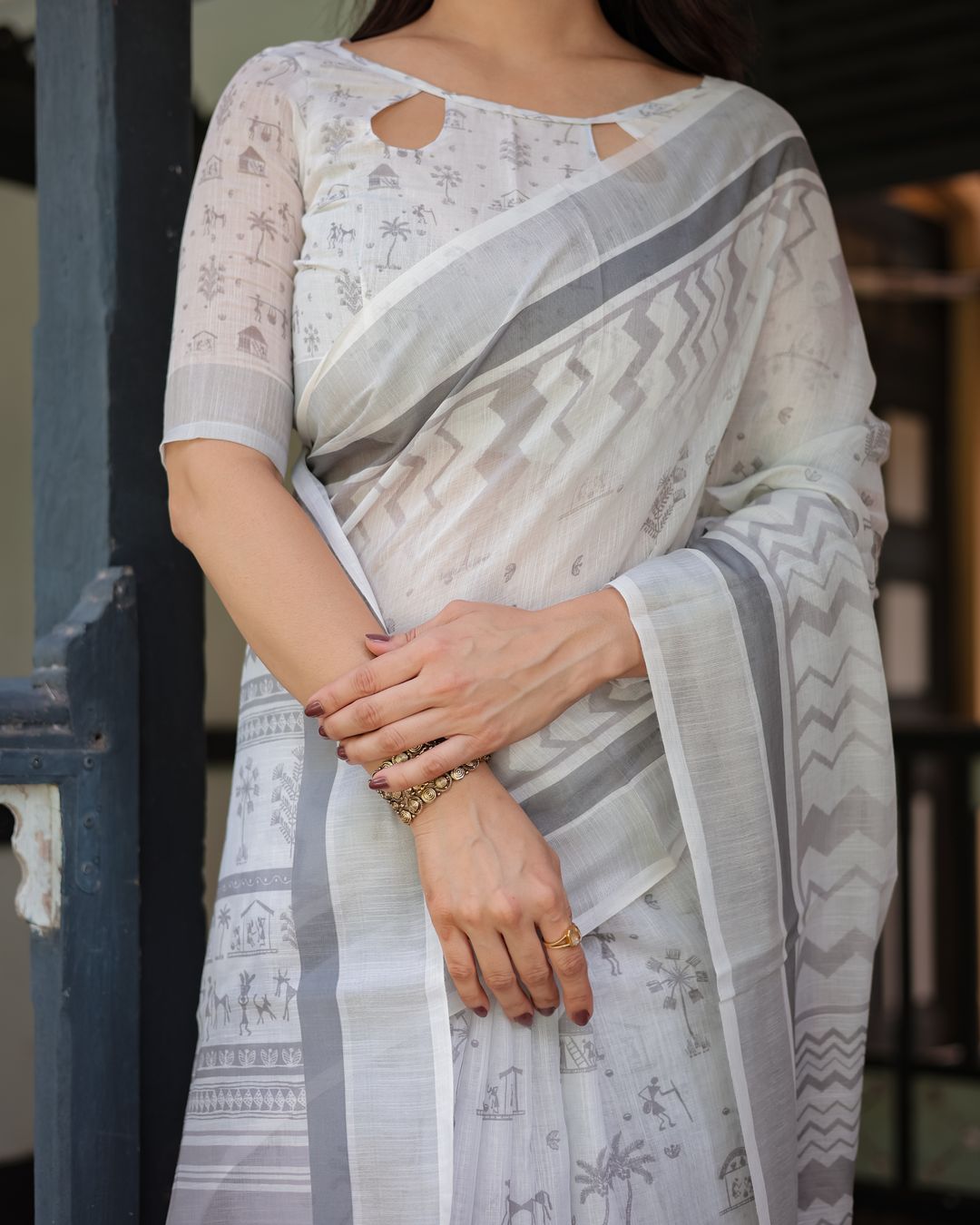 Ivory Linen Cotton Saree with Grey Folk Pattern Artwork