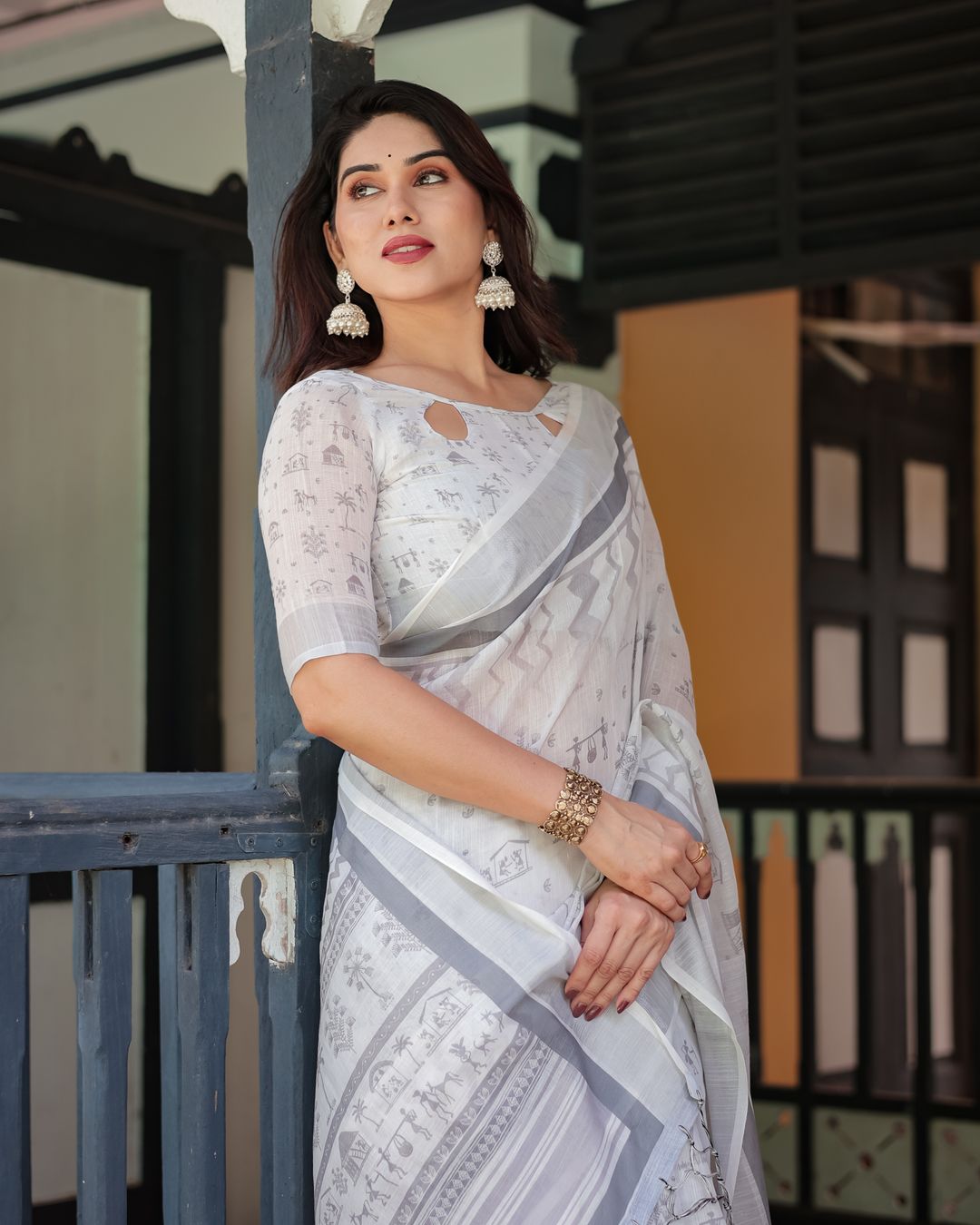Ivory Linen Cotton Saree with Grey Folk Pattern Artwork