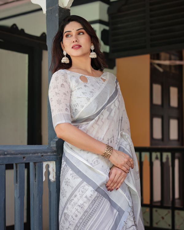 Ivory Linen Cotton Saree with Grey Folk Pattern Artwork