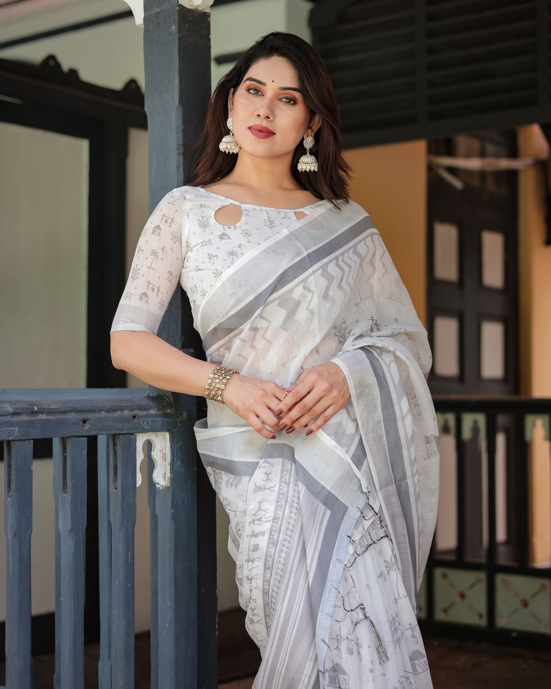Ivory Linen Cotton Saree with Grey Folk Pattern Artwork