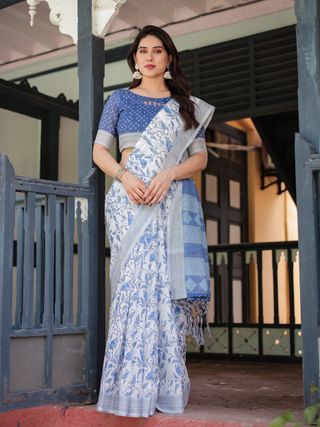 White Linen Cotton Saree with Blue Floral Vine Prints