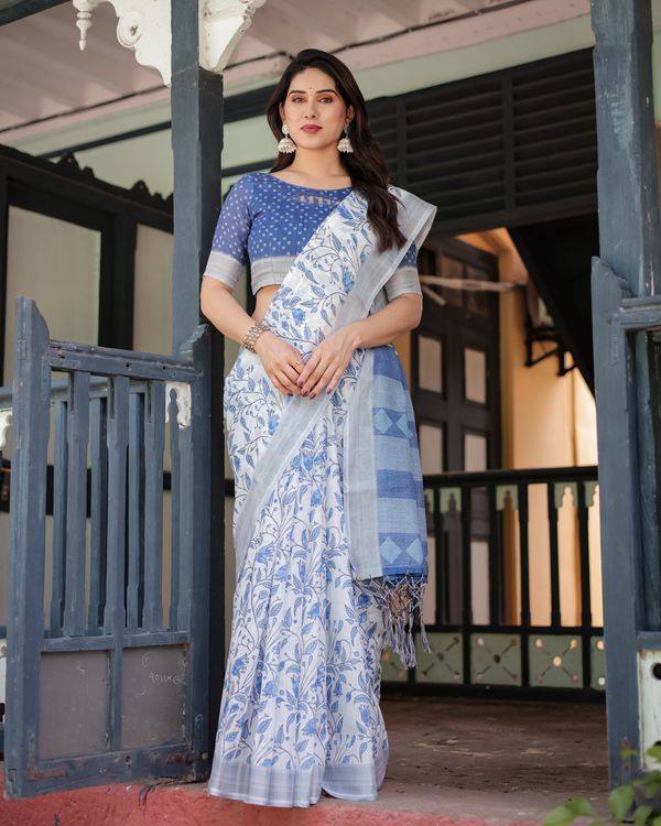 White Linen Cotton Saree with Blue Floral Vine Prints