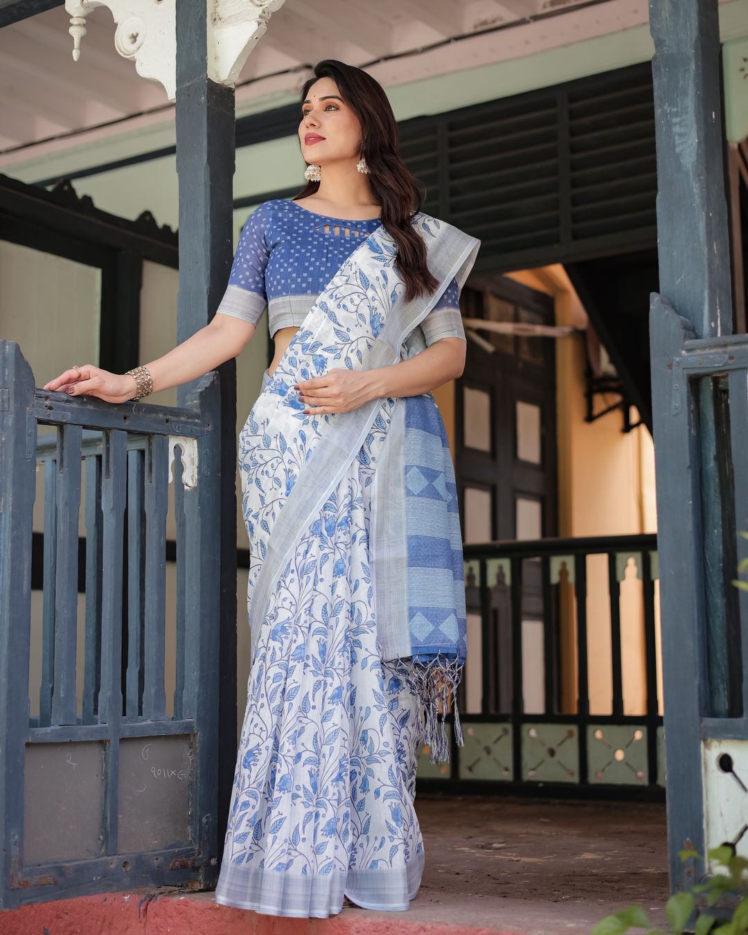 White Linen Cotton Saree with Blue Floral Vine Prints