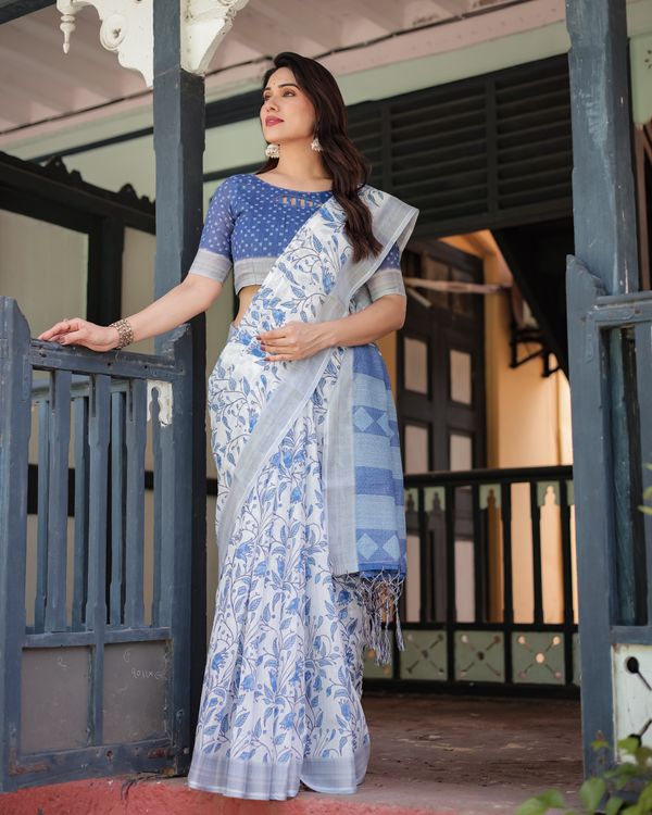 White Linen Cotton Saree with Blue Floral Vine Prints