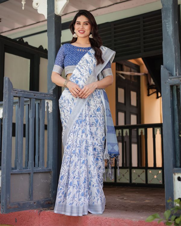 White Linen Cotton Saree with Blue Floral Vine Prints