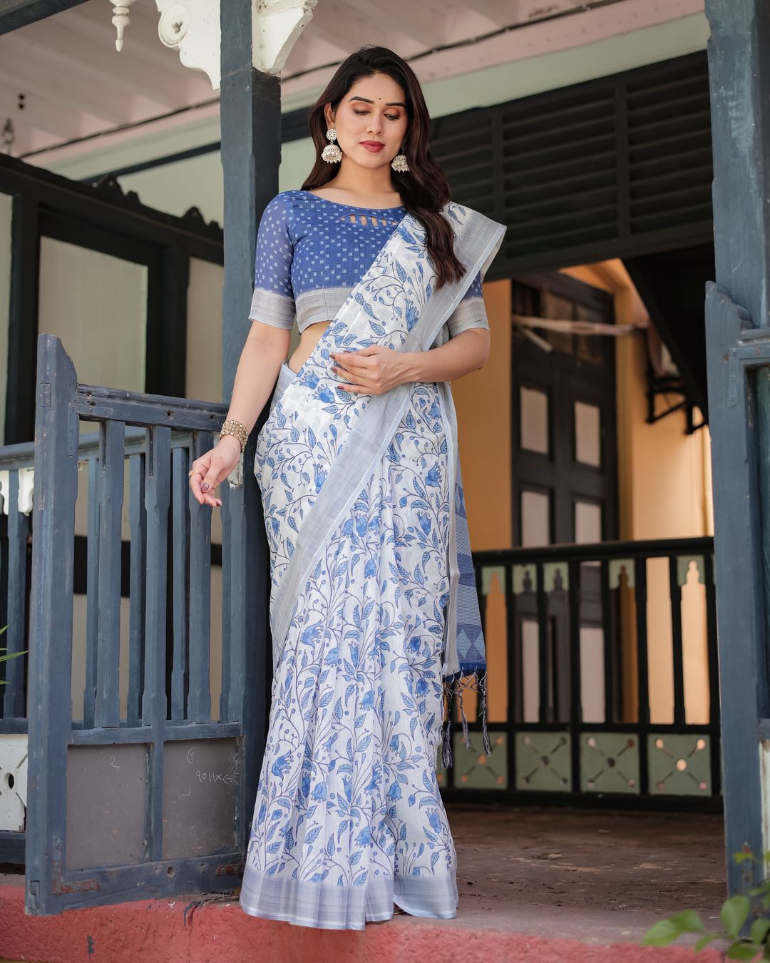White Linen Cotton Saree with Blue Floral Vine Prints