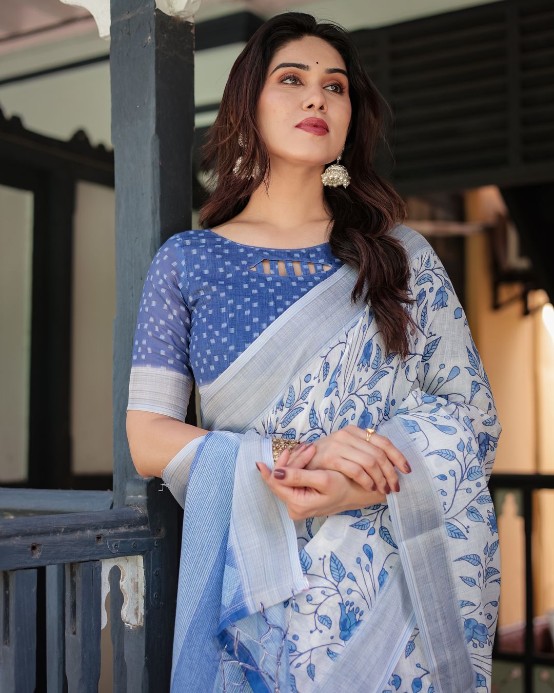 White Linen Cotton Saree with Blue Floral Vine Prints
