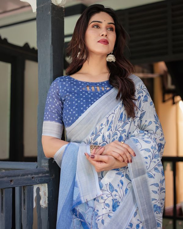 White Linen Cotton Saree with Blue Floral Vine Prints