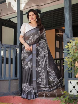 Black Linen Cotton Saree with White Floral Motif Print