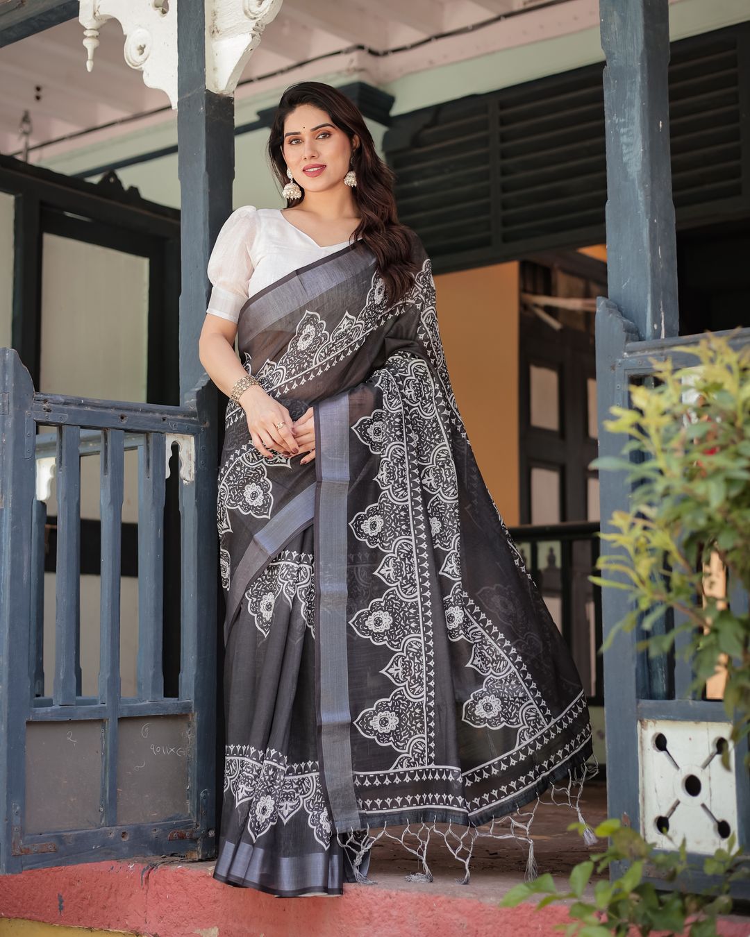 Black Linen Cotton Saree with White Floral Motif Print