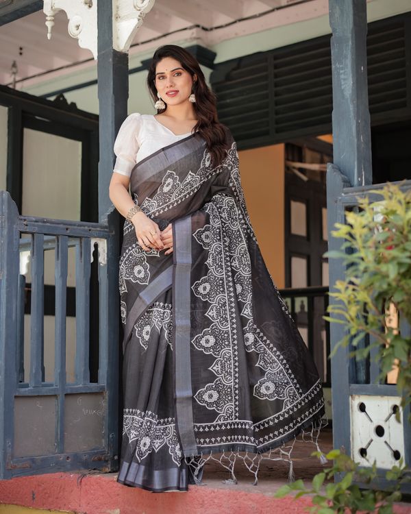 Black Linen Cotton Saree with White Floral Motif Print