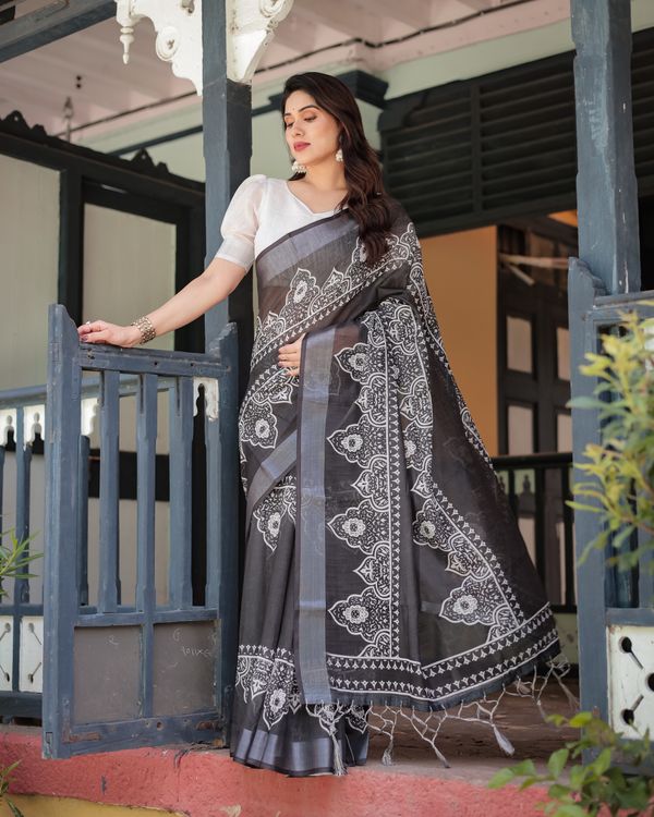 Black Linen Cotton Saree with White Floral Motif Print