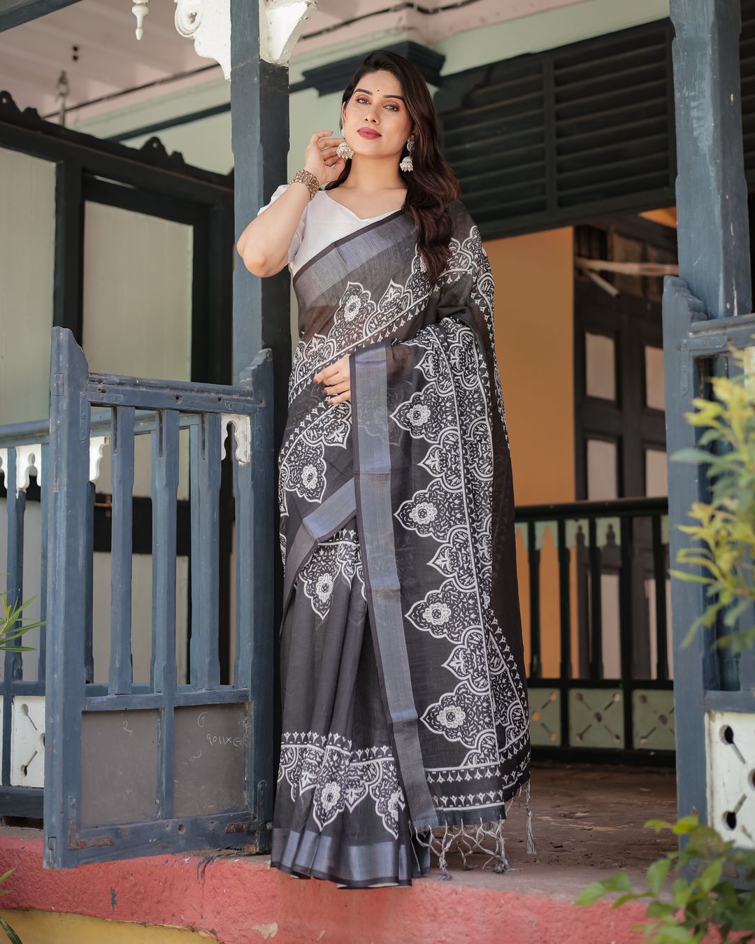 Black Linen Cotton Saree with White Floral Motif Print