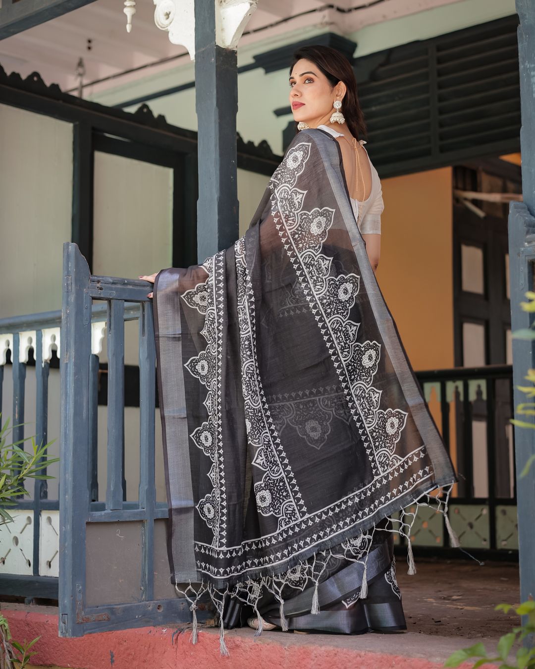 Black Linen Cotton Saree with White Floral Motif Print