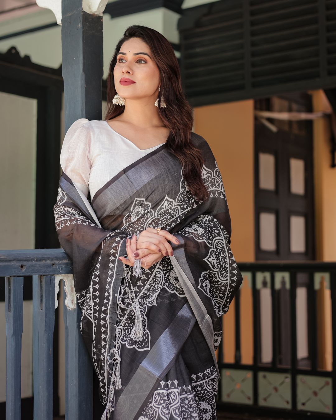 Black Linen Cotton Saree with White Floral Motif Print