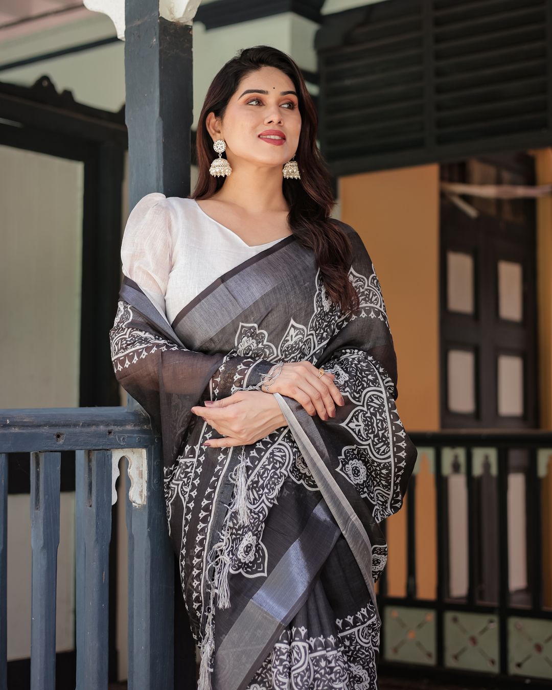 Black Linen Cotton Saree with White Floral Motif Print