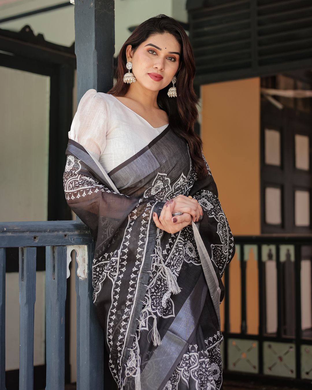 Black Linen Cotton Saree with White Floral Motif Print