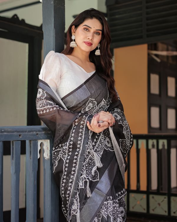 Black Linen Cotton Saree with White Floral Motif Print