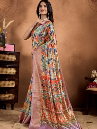 Multicolor Printed Linen Cotton Saree with Woven Border