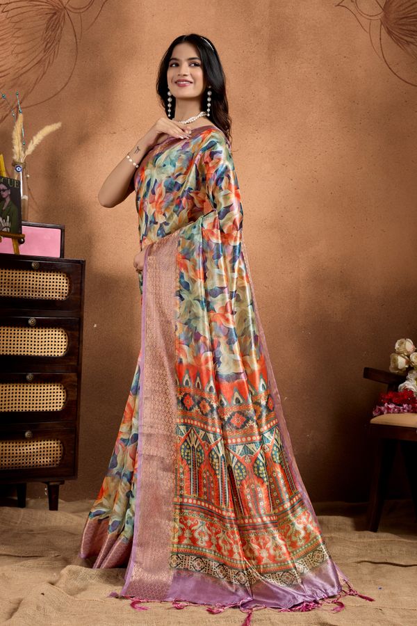 Multicolor Printed Linen Cotton Saree with Woven Border